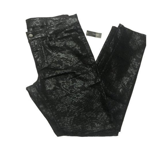 Bisou Bisou Black Metallic Snakeskin Floral Pants Women's 12 Skinny